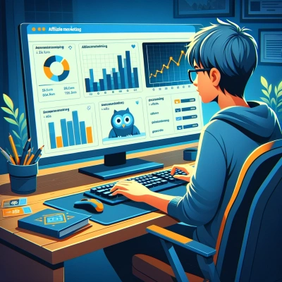 um adolescente que analisa o desempenho de suas campanhas de marketing de afiliação em um computador