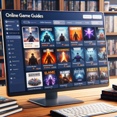 um espaço de trabalho bem organizado com uma tela de computador exibindo um guia de jogo completo
