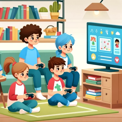 Crianças são mostradas jogando um video game educativo em casa.