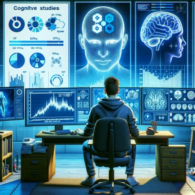 um psicólogo que analisa gráficos de dados e exames cerebrais relacionados à psicologia dos videojogos