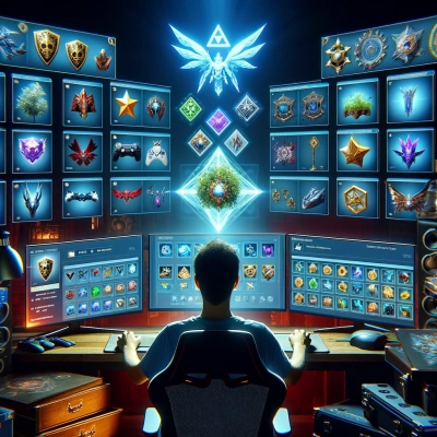 um jogador concentrado em uma instalação de jogo, cercado por telas exibindo uma rica coleção de objetos virtuais raros