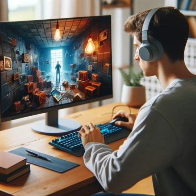 Uma pessoa está profundamente envolvida em um jogo de escape virtual em seu computador doméstico.