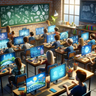 Uma sala de aula com alunos envolvidos em aprendizado através de video games educativos