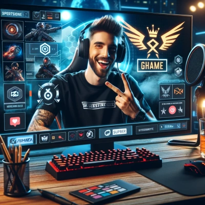 A cena mostra um streamer profissional interagindo com seu público durante uma transmissão ao vivo.