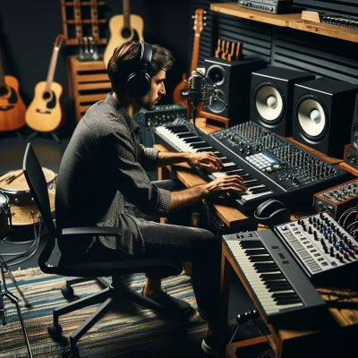 Um compositor em um estúdio de música, focando na criação de uma trilha sonora de videojogo.