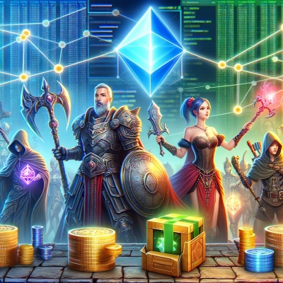 personagens de um videojogo de fantasia trocando objetos no jogo, contra um fundo de código digital e conexões de rede