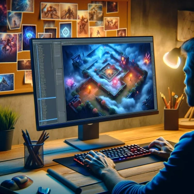 um desenvolvedor de jogos que projeta um nível de videojogo competitivo em um computador
