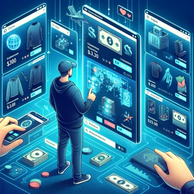 um usuário navegando em uma plataforma de comércio digital, repleta de vários itens virtuais à venda