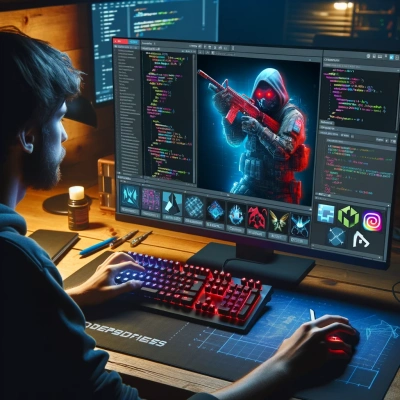 Representação de um jogador em frente ao seu computador, profundamente envolvido na modificação de um jogo.