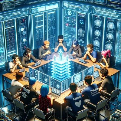 um grupo de jogadores a elaborar estratégias numa sala de reuniões virtual num servidor privado