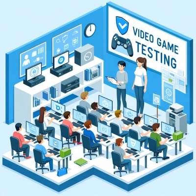 Representação de uma sala de aula onde os alunos aprendem a testar videojogos