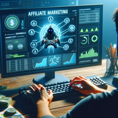 um jogador analisando o desempenho do marketing de afiliados em um computador