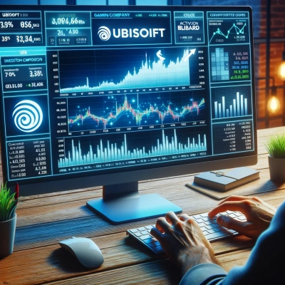 um pregão animado com telas exibindo as ações das principais empresas de jogos, como Ubisoft e Activision Blizzard