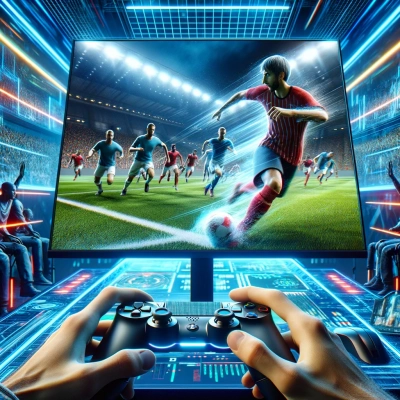 uma cena dinâmica de um jogo de simulação esportiva virtual com jogadores envolvidos em intensa competição