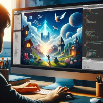 Um desenvolvedor usando o software Unity, criando um jogo para diferentes plataformas
